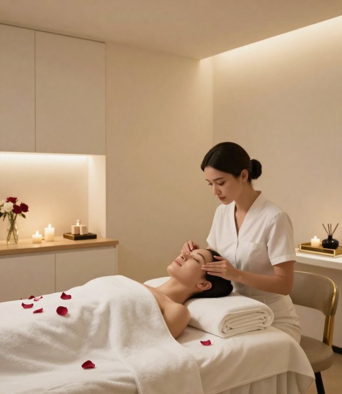 A therapist performing a facial treatment in a calm, candle-lit spa room