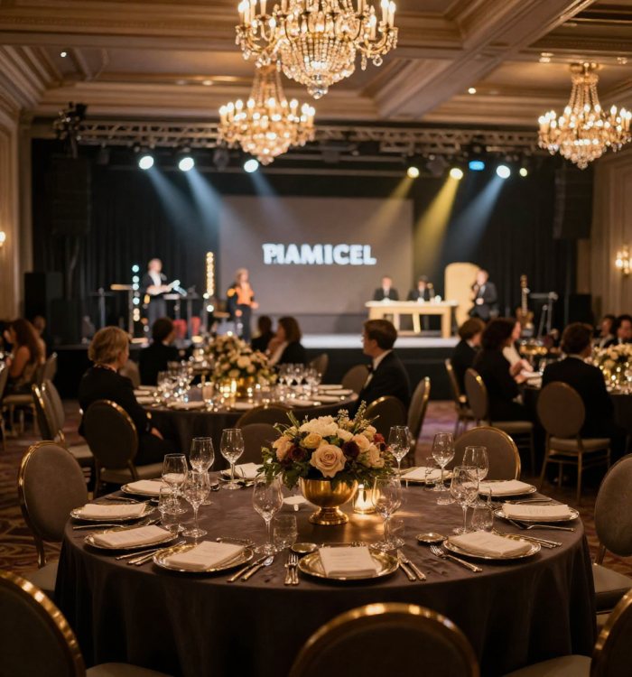 A chandelier-lit ballroom set for a gala dinner, with a lit stage at the front