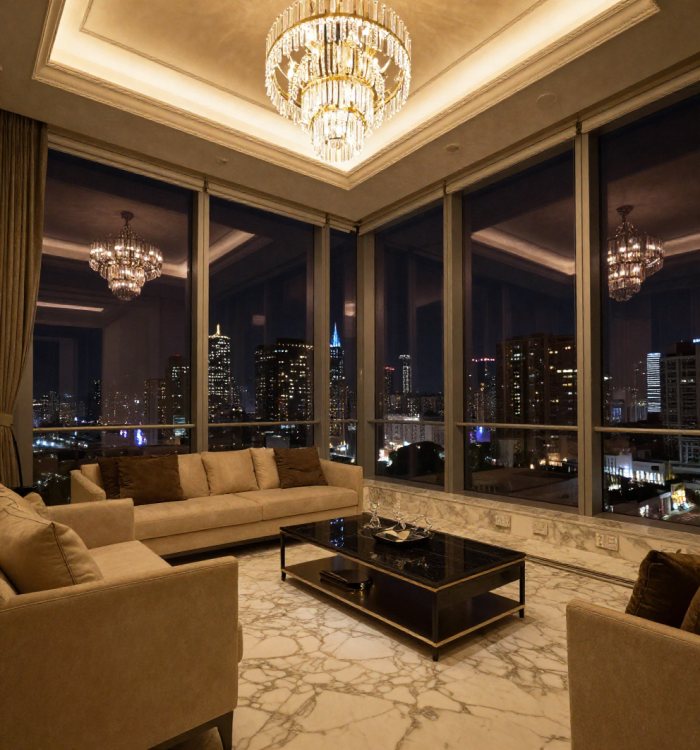 A warmly lit high-rise living room with floor-to-ceiling windows over a night skyline